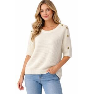 Womens Cream Knit Short Sleeve Sweater Top Button Shoulder Size Large